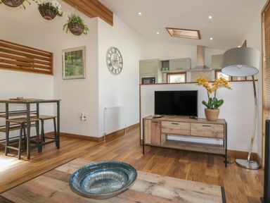 A living area with a wooden floor a television on a wooden stand a floor lamp and a dining table with two benches at 9 Meadow Retreat in Dobwalls