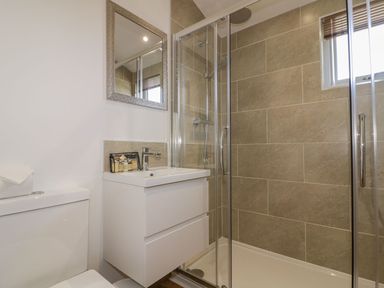 A bathroom with a toilet, sink with toiletries, mirror, and glass-enclosed shower with tiled walls at 9 Meadow Retreat in Dobwalls