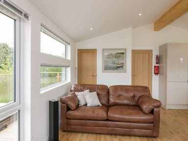 A brown leather sofa with two cushions in front of two wooden doors and a painting at 7 Meadow Retreat in Dobwalls