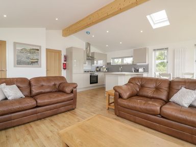 An open-plan living room with two brown leather sofas a wooden coffee table and a kitchen area at 7 Meadow Retreat in Dobwalls