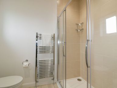A bathroom with a shower enclosure a towel radiator toilet and toilet paper holder at 7 Meadow Retreat in Dobwalls