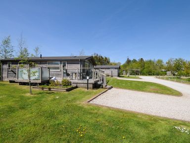 A wooden cabin with a glass railing deck on a green lawn and gravel driveway at 7 Meadow Retreat in Dobwalls