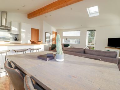 An open plan kitchen and living area with a wooden dining table and chairs a cactus plant on the table and sofas near windows at 14 Horizon View in Dobwalls