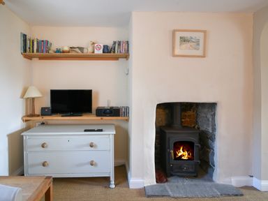 A living room with a wood burning stove in a fireplace a white chest of drawers a shelf with books and a television at 30 Sherborne Lane in Lyme Regis