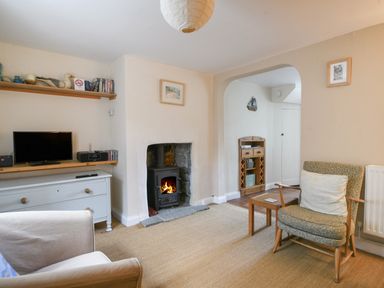 A living room with a wood-burning stove a television on a cabinet and armchairs at 30 Sherborne Lane in Lyme Regis