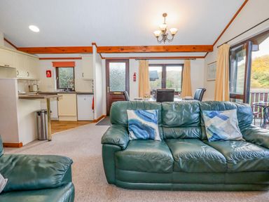 An open living room and kitchen with green leather sofas a dining table and windows at Dartmoor Retreat Lodge in Clifford Bridge near Moretonhampstead