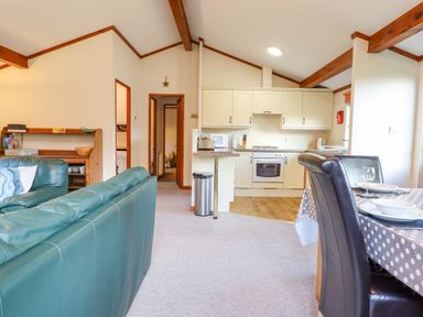 An open plan living room and kitchen with green leather sofas a dining table with chairs and cream kitchen cabinets at Dartmoor Retreat Lodge Clifford Bridge near Moretonhampstead