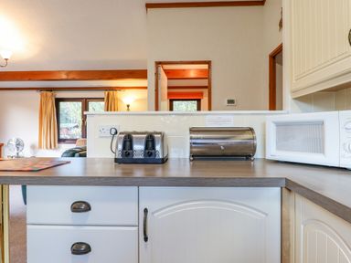 A kitchen counter with a toaster a bread bin and a microwave with a living area in the background at Dartmoor Retreat Lodge Clifford Bridge near Moretonhampstead