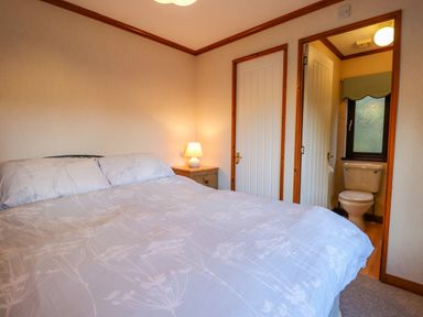 A bedroom with a bed lamp bedside table and an en suite bathroom at Dartmoor Retreat Lodge Clifford Bridge near Moretonhampstead