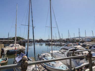 A marina with numerous sailboats docked and buildings in the background at Bryn Berthen in Penrhyndeudraeth