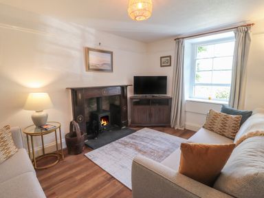 A living room with a wood burning stove between two sofas and a television on a corner cabinet at Delfryn Newport in Newport Pembrokeshire