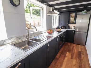 A kitchen with a sink stove refrigerator and fruit bowl at Delfryn Newport in Newport Pembrokeshire