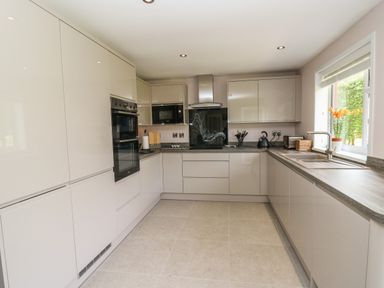 A modern kitchen with beige cabinets a double oven a microwave a kettle a toaster and a window with flowers on the sill at Erwlon in Rhydyfelin near Aberystwyth