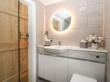 A bathroom with a wooden door a round illuminated mirror a sink with a cabinet below a bird ornament a tissue box and flowers at Fron Olau in Nefyn