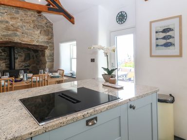 A kitchen island with a stovetop and orchid plant with a dining table and stone fireplace in the background at Fron Olau in Nefyn