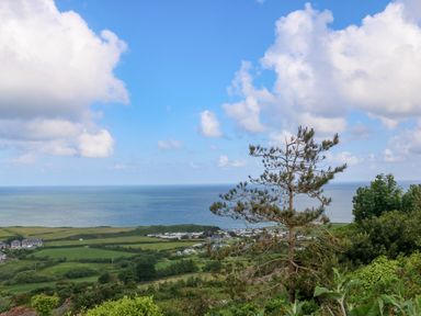 A coastal landscape with green fields trees and a view of the sea at Fron Olau in Nefyn