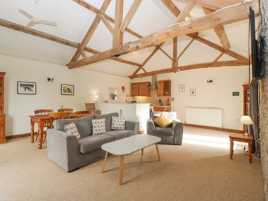 An open living room and kitchen with wooden beams on the ceiling a grey sofa and armchair a dining table and wooden cabinets at Peartree Cottage Stanford Bishop near Bromyard