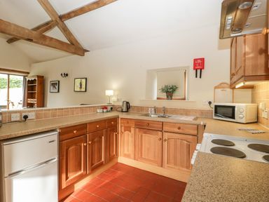A kitchen with wooden cabinets a small refrigerator a sink a microwave and a stovetop at Peartree Cottage in Stanford Bishop near Bromyard