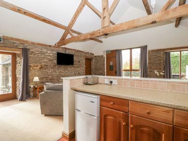 An open living area with exposed wooden beams stone walls a small fridge toaster and grey armchairs at Peartree Cottage Stanford Bishop near Bromyard
