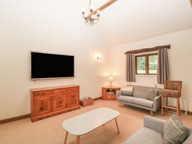 A living room with a wall-mounted television a wooden cabinet a gray sofa a coffee table and a window with curtains at Honeysuckle Cottage in Stanford Bishop near Bromyard