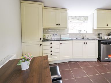 A kitchen with cream cabinets dark countertop a stainless steel dishwasher and a wooden table with a flower pot at Lakeside Cottage in Llanrug