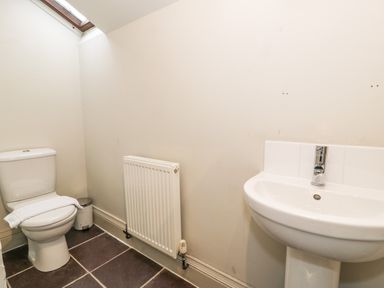 A bathroom with a toilet and sink under a skylight at Lakeside Cottage in Llanrug