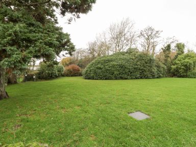 A garden area with a grass lawn surrounded by trees and large bushes at Lakeside Cottage in Llanrug