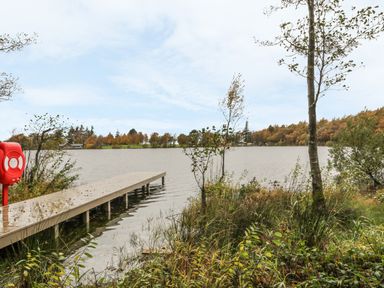 A lake with a wooden pier and grassy vegetation at Lakeside Cottage in Llanrug