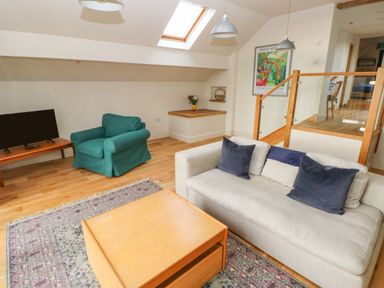 A living room with a gray sofa with cushions a green armchair a wooden coffee table a TV on a wooden stand and a skylight window at Green Grove Barn in Peniel near Carmarthen