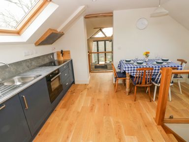 A kitchen with blue cabinets and a sink next to a dining table with a blue checkered tablecloth and wooden chairs at Green Grove Barn in Peniel near Carmarthen