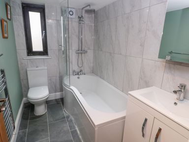 A bathroom with a toilet bathtub with shower and a sink cabinet at Green Grove Barn Peniel near Carmarthen