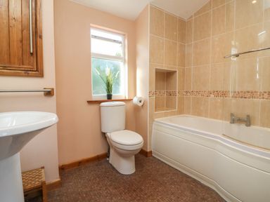 A bathroom with a toilet, bathtub, sink, and a window with a plant on the sill at Hillsview in Combe Martin