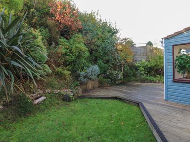 A garden with green grass next to a wooden deck and blue garden shed surrounded by various plants and shrubs at Hillsview in Combe Martin