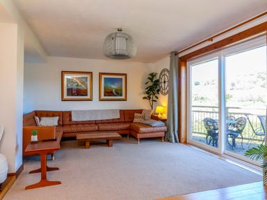 A living room with a brown sofa and a coffee table at Hillsview in Combe Martin