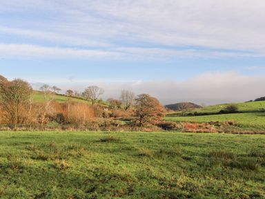 Green fields with scattered trees and a fence under a partly cloudy sky at Tir Eironwy in Dinas near Nefyn