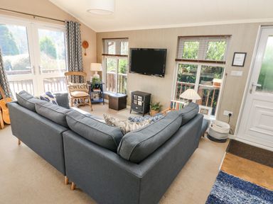 A living room with a gray sectional sofa a wooden chair a wall-mounted television and a door at 1 Hornbeam Lodge Narberth