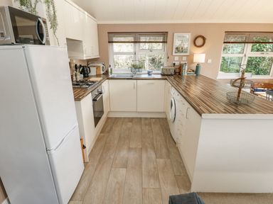 A kitchen with white cabinets a refrigerator microwave oven and wooden countertops at 1 Hornbeam Lodge in Narberth