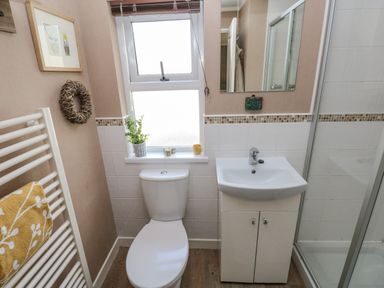 A bathroom with a toilet sink shower and a window with a plant on the sill at 1 Hornbeam Lodge in Narberth