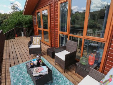 A wooden deck with wicker chairs, a table with cups and magazines, and lanterns at 1 Hornbeam Lodge in Narberth
