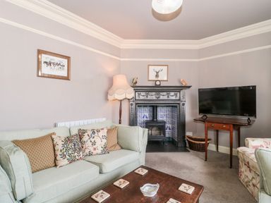 A living room with a sofa cushions a wooden coffee table a floor lamp a TV on a wooden table and a decorative fireplace at The Pound in Porlock