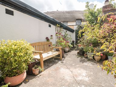 An outdoor patio with potted plants and a wooden bench next to a white wall at The Pound in Porlock
