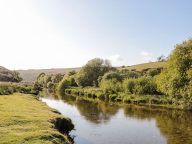 A river flowing through a grassy area with trees and hills in the background at The Pound in Porlock