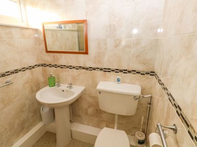 A bathroom with a sink, toilet, mirror, soap dispenser, toilet brush, and toilet paper holder at 30 Long Shepherds Drive in Newton near The Mumbles