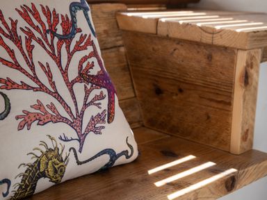 A close up of a cushion with coral and sea creature designs on a wooden chair at The Rum House in Porthallow