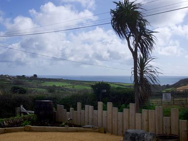 A garden area with a wooden fence and a palm tree overlooking fields and the sea at The Rum House in Porthallow