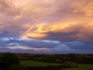A rural landscape with fields and bushes under a cloudy sky at sunset at The Rum House in Porthallow