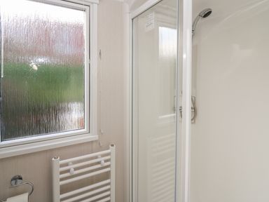 A bathroom with a frosted window a heated towel rail a toilet paper holder and a shower enclosure at Gwent 74 in Borth