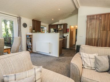 A living room with a sofa and kitchen area at Treetops Beech Hill 13 ,Fallbarrow Park near Bowness-On-Windermere