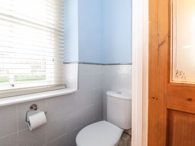 A small bathroom with a white toilet near a window with blinds and a wooden door at Blencathra in Keswick