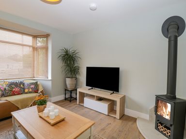A living room with a TV on a stand a wood burning stove a wooden coffee table and a sofa with floral cushions at Birch House in Corsham